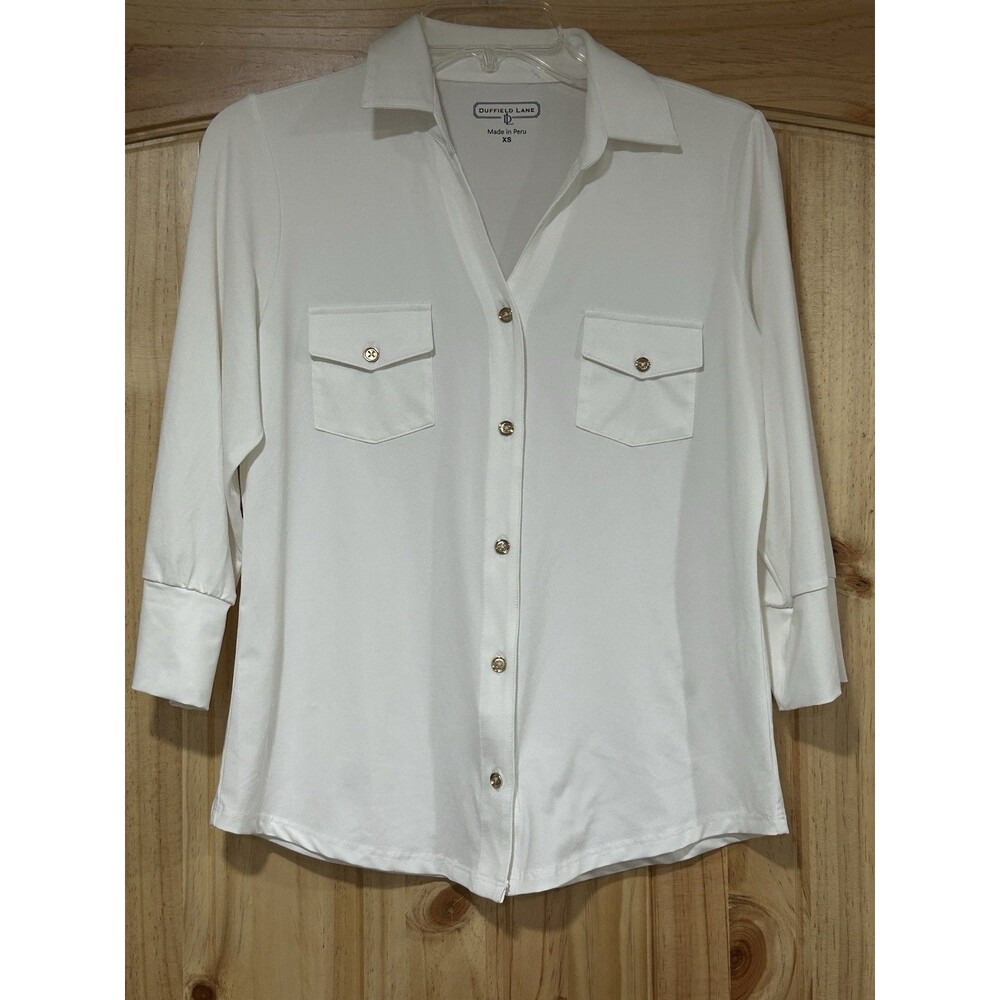 Duffield Lane Women’s Top White Stretch Button Front V Neck Gold Buttons XS